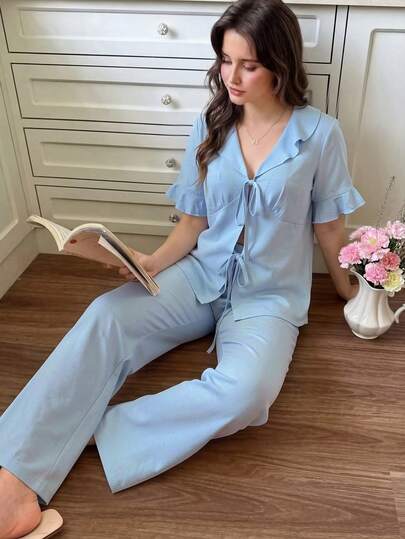 Snug Reverie Bubble Printed Solid Blue Chest Tie Bow Ruffle Trim Women Short Sleeve Pajama Set