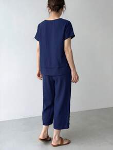 Yumoku 两件套女士纯色圆领短袖宽松休闲夏季套装 - 藍色 - 查看 2