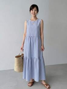 Yumoku 女士条纹圆领荷叶边下摆休闲中长连衣裙，无袖 - 藍白色 - 查看 6