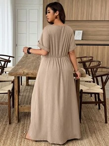 Weeklong Plus Size Women's Beaded Decor A-Line V-Neck Casual Dress, Spring/Summer - Apricot - View 2