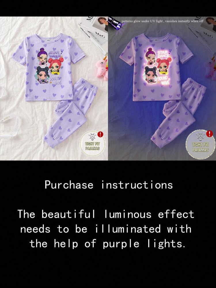 Set de 2 piezas de pijama para niñas pequeñas con estampado de dibujos animados, morado claro que brilla en la oscuridad, moda de grupo de chicas K-pop, estampado de corazón y niña de dibujos animados, tela de punto elástica, cómoda parte superior de manga corta y pantalones, conjunto de ropa de dormir de 2 piezas - Morado - Añade 4