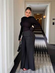 Elegant High-Waisted Flared Leg Double-Button Suit Pants For Women, Chic Urban Style, New Year's - View 3