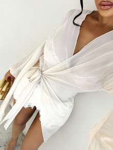 Sirith 女士纯色裹身系带露肩长袖衬衫 - 杏色 - 查看 7