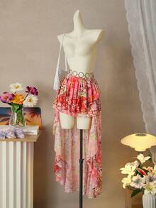 Nevyona Chân váy ôm dáng bất đối xứng bằng vải lưới in họa tiết, thích hợp cho mùa xuân/hè. - Nhiều màu - Xem 2