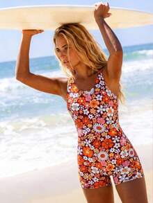 Swim SPRTY 碎花露背系带连体泳衣，适合运动、度假和海滩穿着 - 彩色 - 查看 2