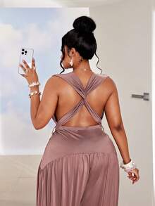 Maweii Plus Size Backless Tie-Up Jumpsuit, Vacation & Party Style - Brown - View 2