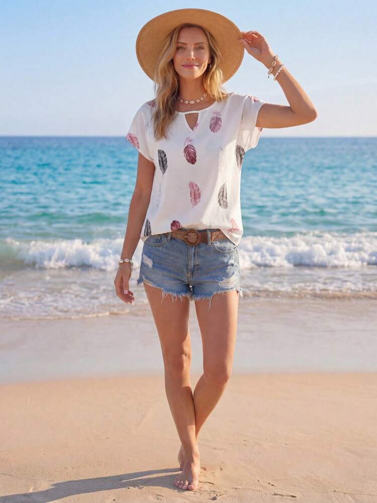 Women's Casual Feather Print Keyhole Neck Blouse, Summer,Casual