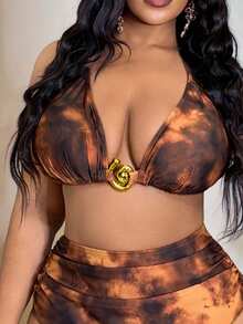 Slaydiva 大码女式咖啡色扎染露背深V网纱上衣搭配扎染高腰比基尼泳裤，沙滩度假套装 - 咖啡棕 - 查看 6