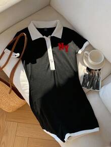 Attitoon 休闲简约学院风 Polo 领撞色黑白 NY 红色字母印花图案女式连体裤，适合初秋穿着，百搭风格，复古风、性感风、可爱风、Y2K 椰子女孩波西米亚嬉皮风、音乐节风，适合春季穿着。 - 黑色 - 查看 4
