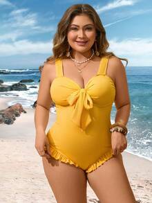 SHEIN Swim Lushore Bộ đồ bơi liền thân màu vàng thanh lịch, ngọt ngào dành cho nữ, cỡ lớn, thích hợp cho khu nghỉ dưỡng bãi biển mùa hè, chất liệu vải mềm mại, thoải mái, đồ bơi liền thân cỡ lớn. - Màu vàng - Xem 6