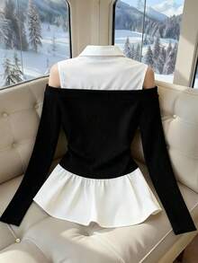 Franclia Women's French-Style Minimalist Fashion Irregular Faux Two-Piece Off-Shoulder PLOL Collar Long-Sleeved Classic Black And White Color-Blocked New Women's Top, Black And White Color-Blocked Shirtwinter For Women,Christmas,New Year ,White For New Year's Eve,Party,Beach,Elegant,Casual,Casual For Women,Romance, Valentine's Day, Dating,Graduation Season Attire, Fashionable Casual Commuter Wear, Business Office Wear, Versatile And Stylish Everyday Casual Wear, Urban Teacher's Professional Attire - Black and White - View 3
