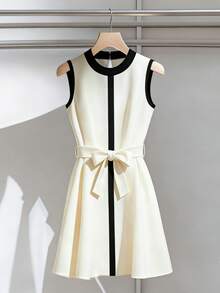 EMERY ROSE Bộ jumpsuit nữ thanh lịch màu mơ và đen phối nhiều mảnh, cổ tròn, eo thắt, dài đến đầu gối, thích hợp cho mùa xuân/hè. - Màu be - Xem 4