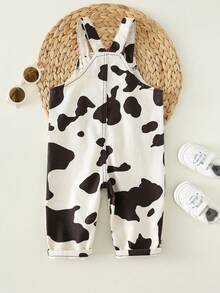 SHEIN 男女宝宝可爱奶牛印花牛仔背带裤连体衣，春夏男宝宝服装套装 - 黑與白 - 查看 2