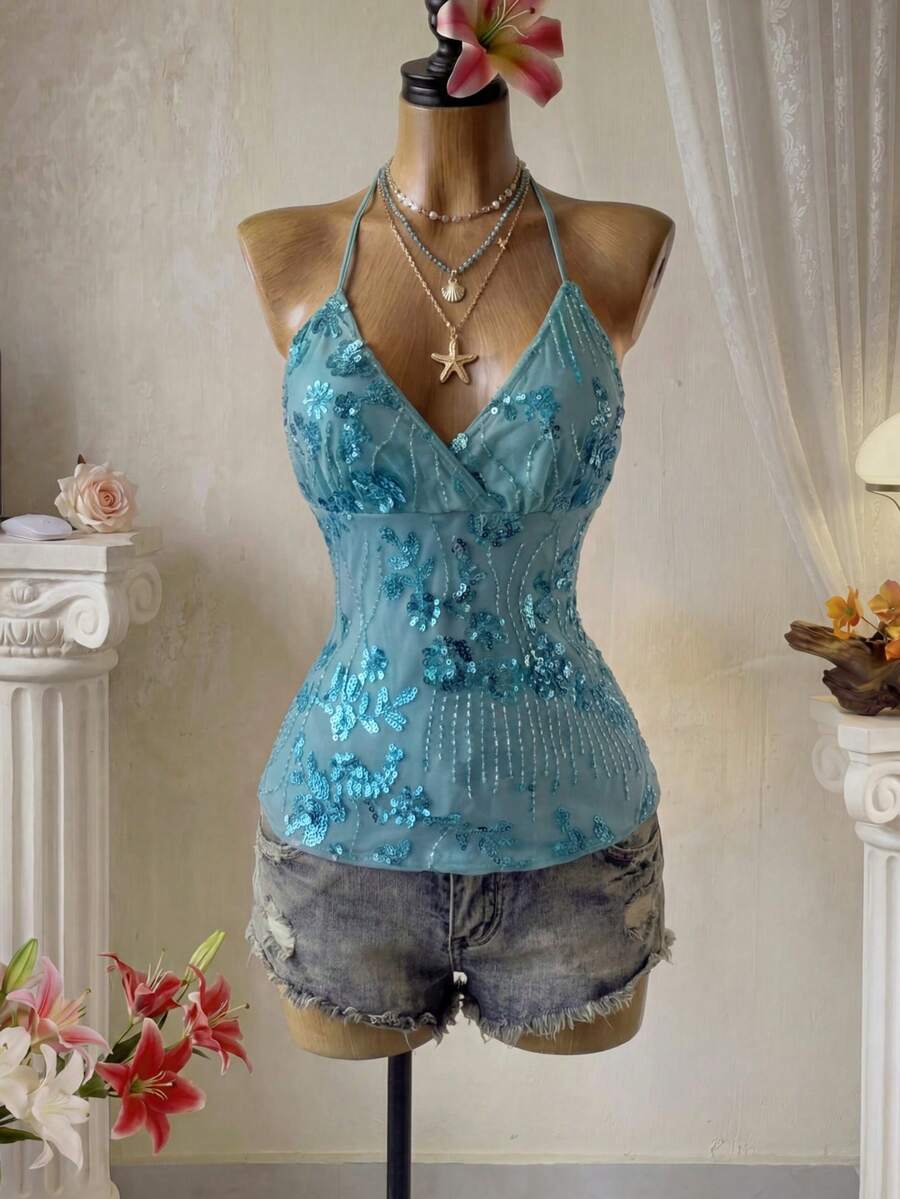 Femesol Áo ba lỗ đính sequin xanh bóng lãng mạn cho bãi biển, mùa hè - Màu xanh ngọc - Xem 1