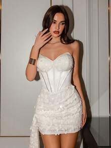 Poshira Sequin Shiny Fitted Cocktail Dress, High-End Elegant Party Gown - White - View 3