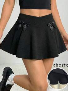 SHEIN 少女休闲度假交叉腰带蝴蝶结装饰A字裙，适合日常穿着、外出，Y2K风格 - 黑色 - 查看 3