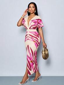 SOLERSUN Vestido de fiesta ajustado con cuello en V y abertura en el muslo, con estampado elegante para mujer, para primavera/verano y vacaciones - Rosa - Ver 6