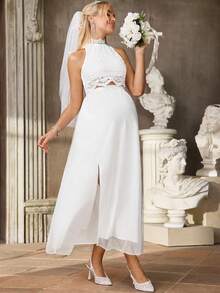 SHEIN White Summer Elegant Maternity Wedding Two-Piece Set,Pregnant Floral Lace Camisole And Side Slit Hem Midi Skirt,Comfortable Co Ord 2 Pieces Set - White - View 7