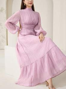 Veilorie 女士纯色立领灯笼袖腰部荷叶边下摆优雅连衣裙 - 粉色 - 查看 3