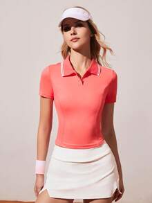 Gameset SHEIN Sport Women's Contrast Collar Short Sleeve Casual Sports Polo Shirt - Orange - View 4