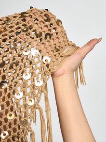 ROMWE Avant Vacation Style Brown Sequin Fringe Crochet Shawl Top - Brown - View 9