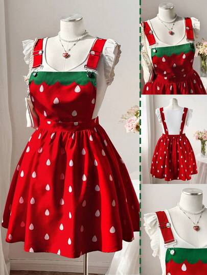 Sweetra Plus Size Women Cute Sweet Casual Vacation Red Ditsy Floral Summer Suspender Dress