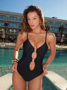 Bonvoyette Women's New Arrival Spring/Summer Swimsuit, Black Adjustable Spaghetti Strap Deep V-Neck One-Piece Sexy Beachwear - Black - View 5