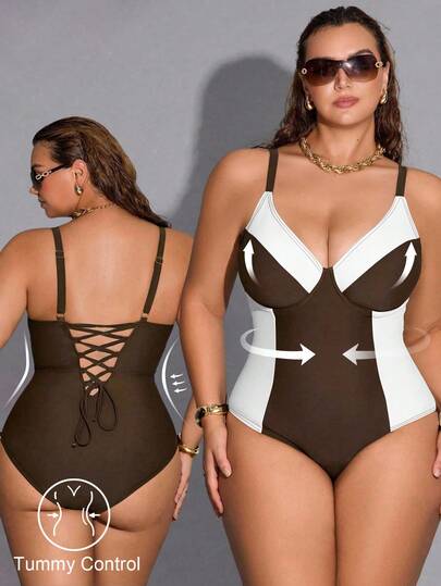 Shapewave 2026新款夏季沙滩度假加大码女士塑身泳衣，带钢圈拼接交叉露背连体泳衣