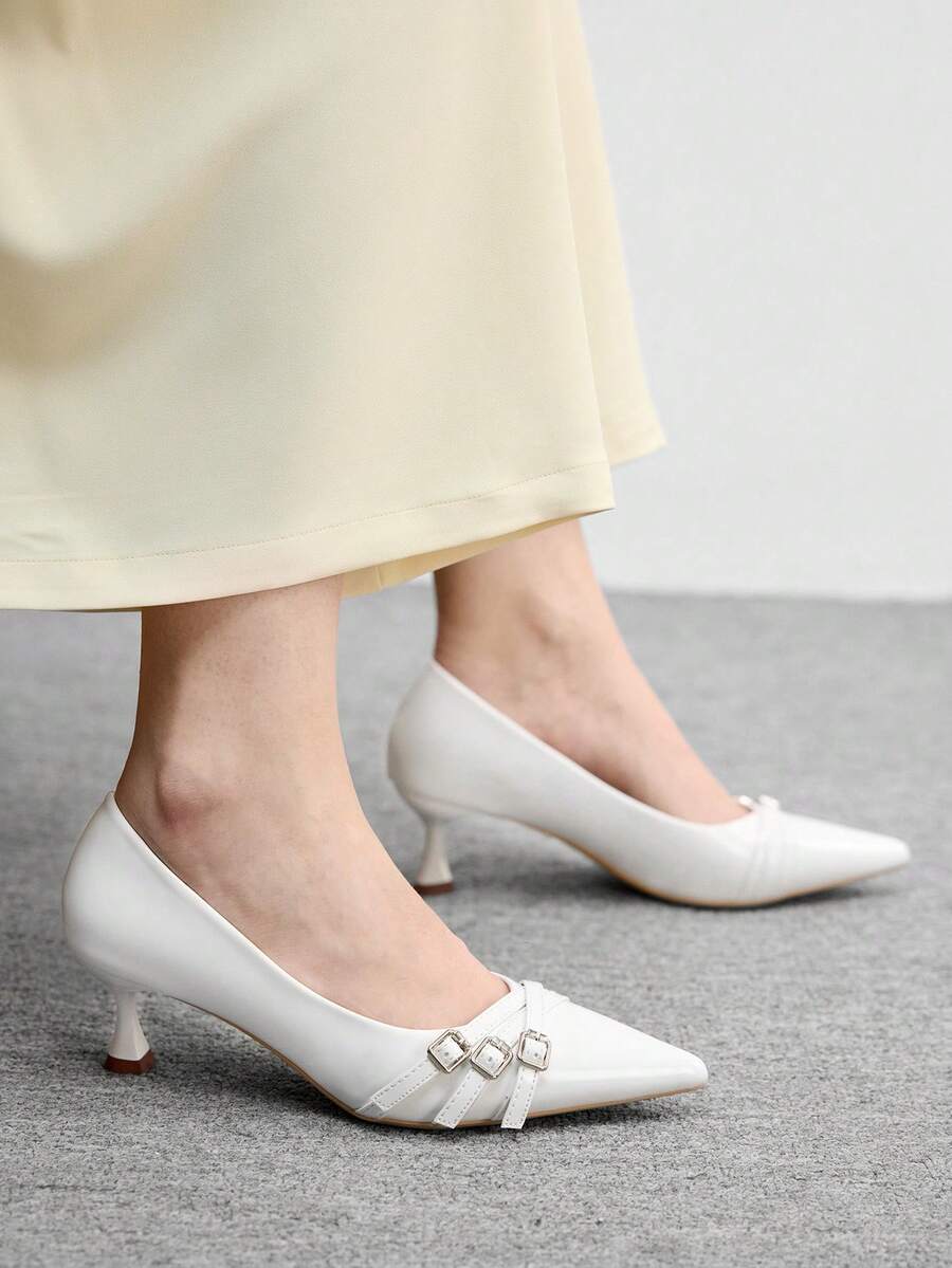 CUCCOO BIZCHIC 女鞋 女士尖头小猫跟鞋，白色多条纹交叉低鞋面，日常通勤百搭工作休闲一脚蹬女式高跟鞋 - 白色 - 查看 1