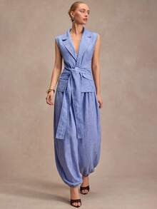 CLARA VERO Bộ áo vest cổ ve có thắt lưng và quần ống phồng, dáng rộng, phù hợp cho trang phục thường ngày cuối tuần, du lịch hoặc phong cách đường phố, làm từ vải không co giãn kiểu linen 100% polyester, quần áo linen cho nữ, giảm giá, trang phục kỳ nghỉ Zante, bộ đồ Yrack cho nữ, Zanea cho nữ tập yoga - Màu xanh lam - Xem 5