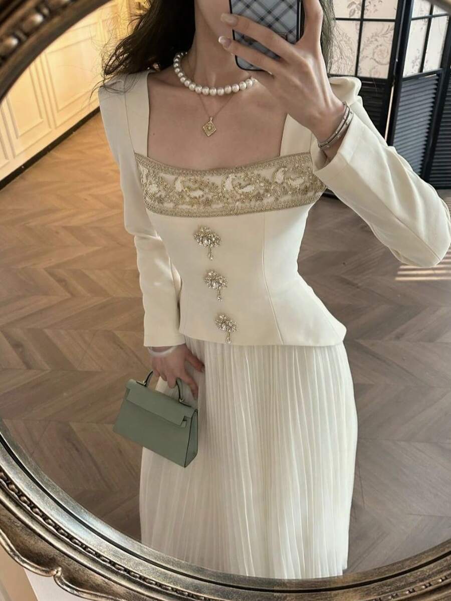 Elenzga Women's Square Neck Sequin Trim Long Sleeve Cinched Waist Top & Pleated Midi Skirt 2-Piece Set - Apricot - View 1