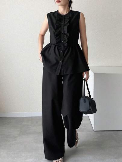 FRIFUL Women's Solid Color Round Neck Top And Pants Casual Commuter Suit Set