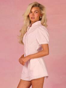 Athîral Bộ đồ nữ màu trơn gồm áo cổ tàu cài cúc đơn tay ngắn và quần short, kiểu dáng thường ngày. - Vàng nhạt - Xem 6