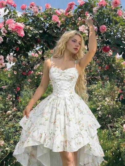 SHEIN MOD Women's Retro Floral Heart Neck Criss-Cross Tie Ruffle Asymmetric Vintage Hem Dress, Suitable For Spring/Summer, Retro, Garden, Afternoon Tea, Graduation Party, White Graduation Dress, Daily Wear, Date