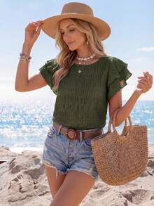 Sylviya Blusa De Manga Acampanada Con Cuello Redondo Para Mujer - Verde militar - Ver 6