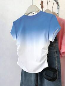 Resyla 女款戶外休閒上衣，甜美風格，優雅設計，夏季新品，戶外運動，修身腰線女款短袖T恤，白色，圖案設計，漸層 - 彩色 - 查看 2