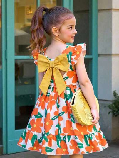 Vestido casual y elegante para niñas con cuello redondo, mangas abullonadas, espalda hueca, lazo en la cintura, volantes en el bajo, estampado floral ditsy, adecuado para vacaciones, viajes, verano, Día de San Valentín