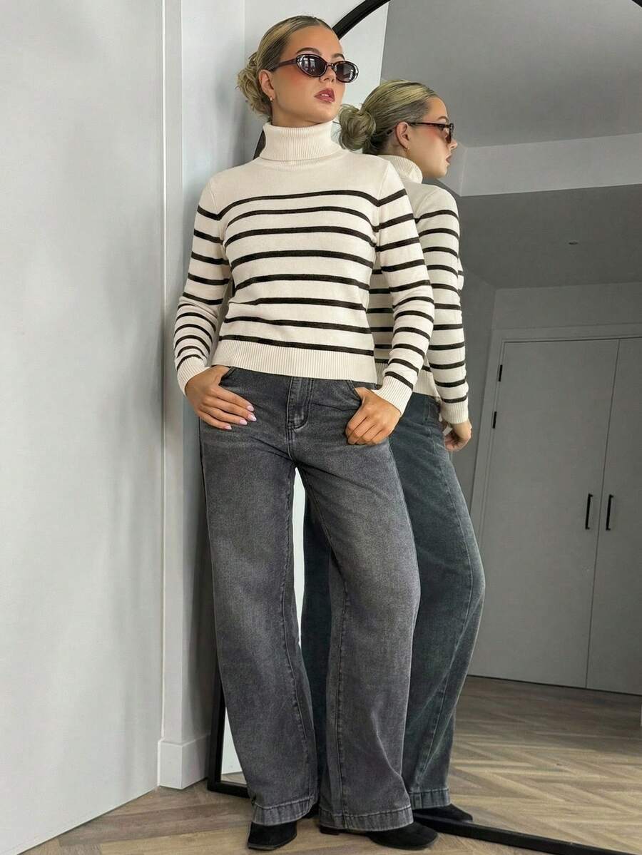 Bethéva New Autumn/Winter High Neck Slim Fit Striped Patchwork Thermal Lined Pullover Sweater For Women - Apricot - View 1