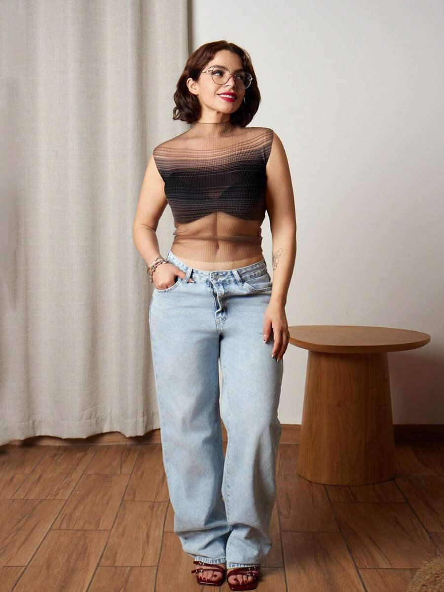 Lupita Cardoza 渐变色半透明弹力修身短袖T恤上衣 - 黑色 - 查看 1