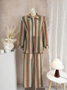 Swim SXY 夏季度假休闲宽松长袖翻领衬衫，后开衩，搭配高腰宽松直筒裤 - 彩色 - 查看 3