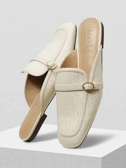 MOTF WOMEN'S SQUARE TOE CONTRAST BINDING BUCKLE DETAIL FLATS SPRING SHOES SPRING BREAK EASTER