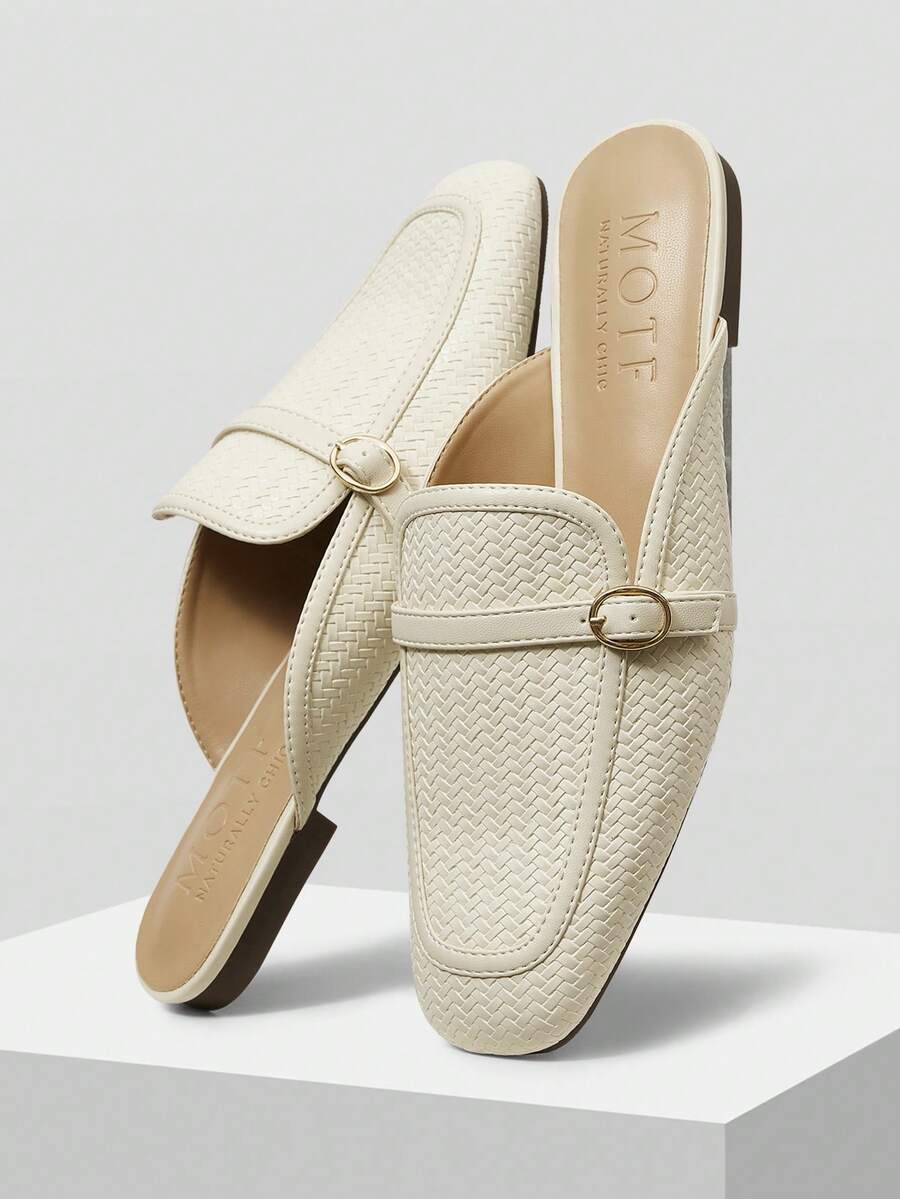 MOTF WOMEN'S SQUARE TOE CONTRAST BINDING BUCKLE DETAIL FLATS SPRING SHOES SPRING BREAK EASTER SPRING SHOES - Off-white - View 1