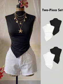 Femesol 2入組素色側收褶不對稱下擺背心上衣 - 彩色 - 查看 1