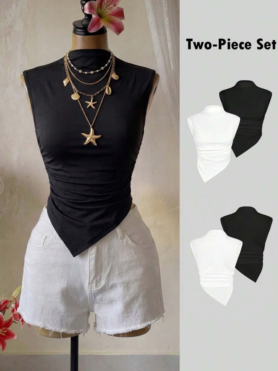 Femesol 2入組素色側收褶不對稱下擺背心上衣 - 彩色 - 查看 1