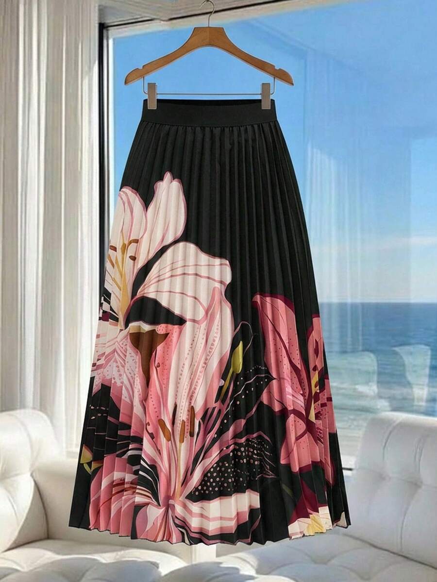 Ellevyn Falda midi plisada, elegante y de moda con cintura elástica y estampado floral, para primavera - Negro - Ver 1