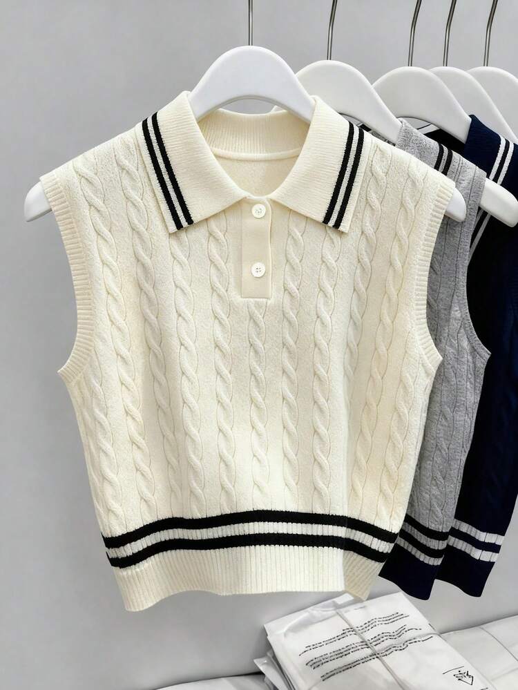 GlowEve Elegante chaleco sin mangas de cuello polo de punto de cable para mujer, primavera/verano - Albaricoque - Añade 4