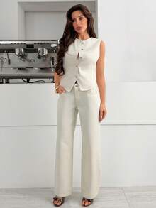EURMUSE Top & Straight Jean Two Pieces Denim Set - White - View 4