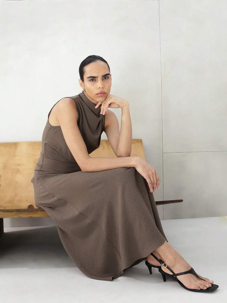 KSTM Women's High Mock Neck Long Maxi Dress Sleeveless Taupe Brown Bodycon Fitted Column Evening Formal Minimalist Elegant Fall Winter