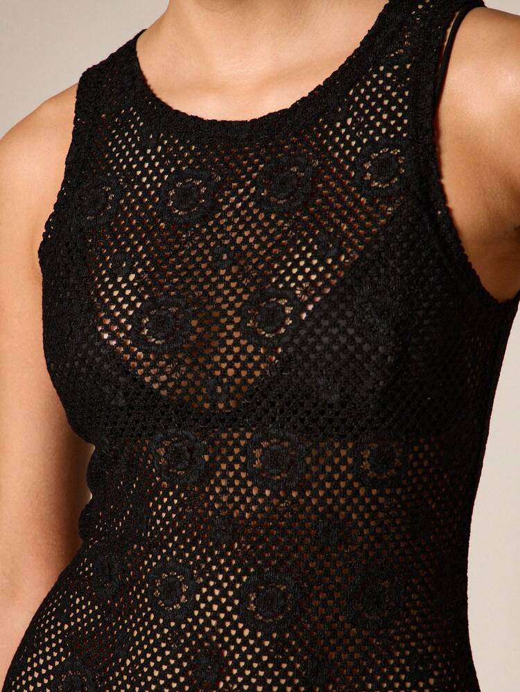 AiiRZ Women's Black Crochet Knit Sleeveless Racerback Maxi Dress Semi Sheer Mesh Evening Party Long Bodycon Summer Beach Resort Vacation