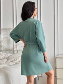SHEIN Cottnline Women PLUS SIZE Cotton Waffle Rib Knit With Belted Flowers Embroidery Detail Homewear Comfort Lounge Robe - Green - View 2